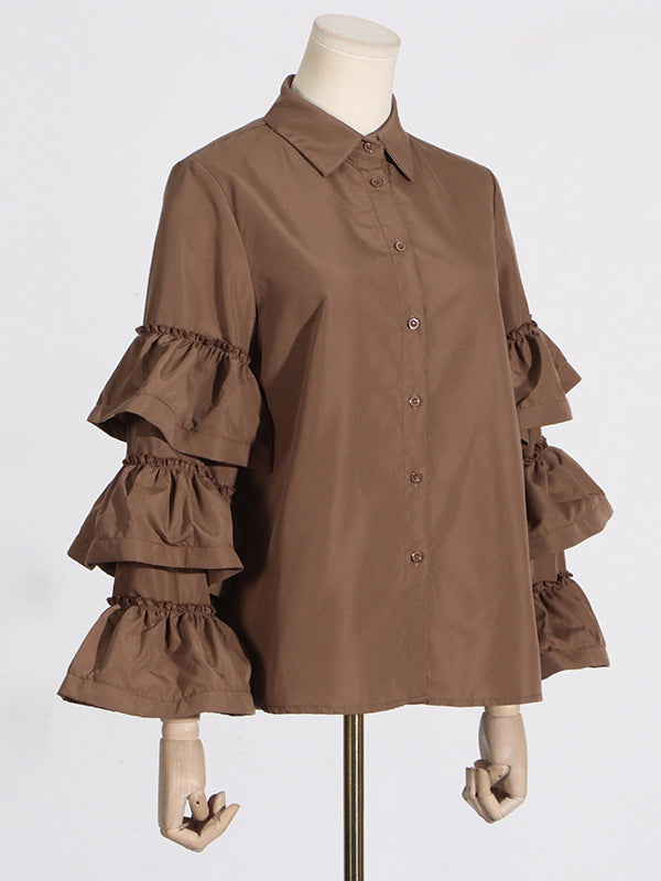 Buttoned Pleated Ruffled Solid Color Split-Joint Long Sleeves Loose Lapel Blouses&Shirts Tops