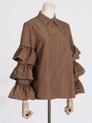 Buttoned Pleated Ruffled Solid Color Split-Joint Long Sleeves Loose Lapel Blouses&Shirts Tops