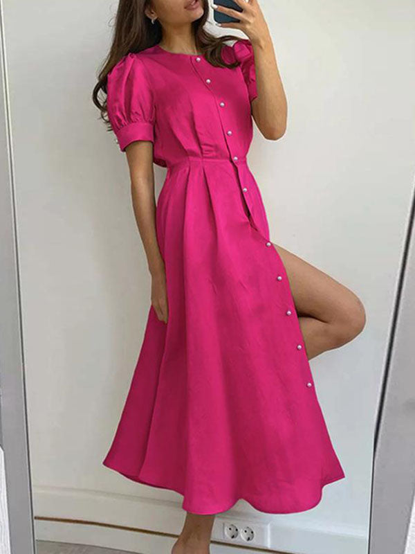 Buttoned High Waisted Loose Round-neck Midi Dresses