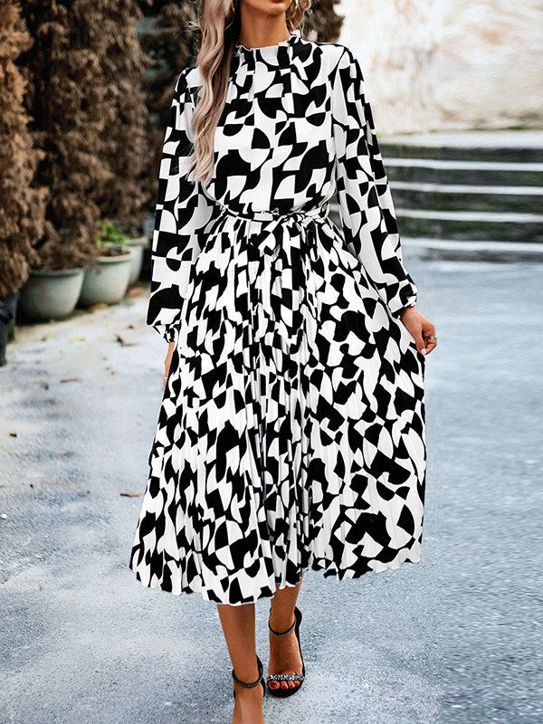 Pleated Printed Tied Waist Long Sleeves Loose Mock Neck Midi Dresses