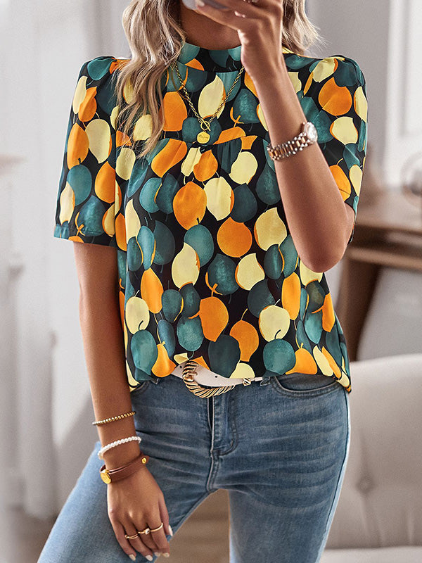 Leaves Print Split-Joint Loose Short Sleeves Mock Neck T-Shirts Tops