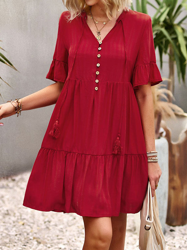 Falbala Loose V-Neck Mini Dresses