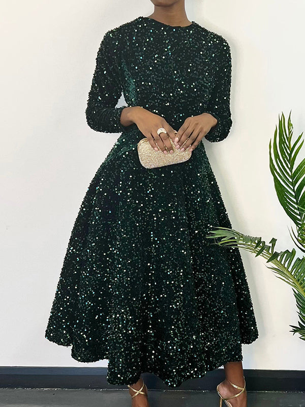 Sequined Split-Joint Zipper A-Line High Waisted Round-Neck Maxi Dresses