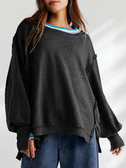 Fringed Solid Color Split-Joint Split-Side Long Sleeves Loose Round-Neck Sweatershirt
