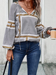 Elasticity Print Tied Long Sleeves Loose V-Neck Blouses&Shirts Tops