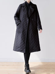 Buttoned Pockets Quilted Long Sleeves Loose Notched Collar Padded Coat