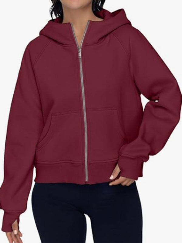 Pockets Solid Color Zipper Hooded Long Sleeves Outerwear Jackets