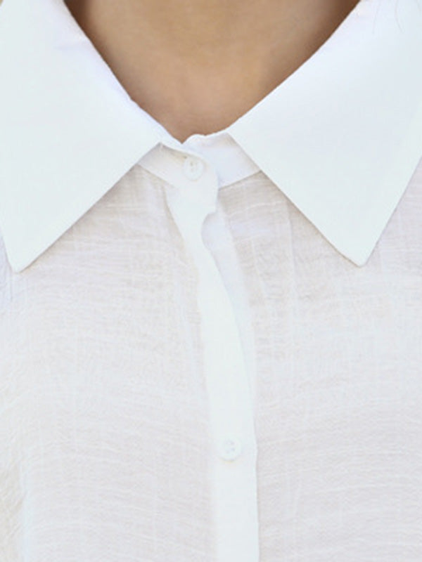 See-Through Solid Color Split-Joint Split-Side Loose Raglan Sleeve Lapel Blouses