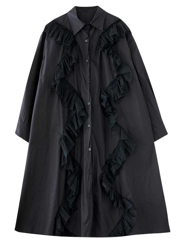 Buttoned Split-Joint A-Line Long Sleeves Lapel Shirt Dress Midi Dresses