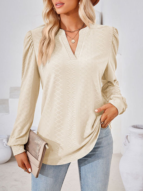 Jacquard Solid Color Long Sleeves Loose V-neck T-Shirts Tops
