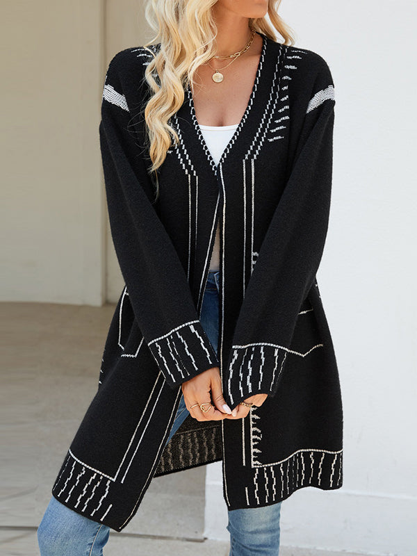 Jacquard Split-Joint Long Sleeves Loose V-Neck Cardigan Tops