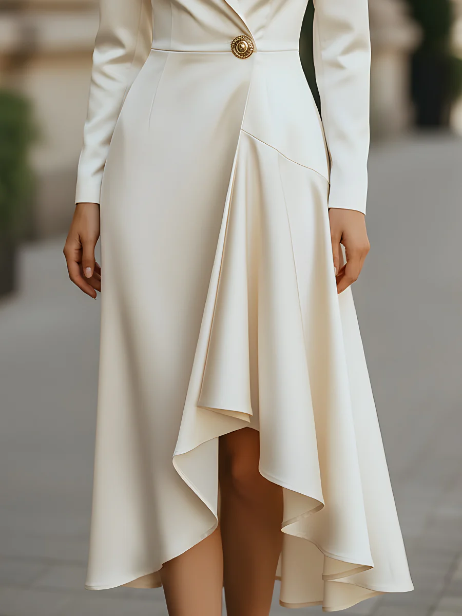 Buttoned Solid Color Split-Joint High Waisted High-low Notched Collar Midi Dresses