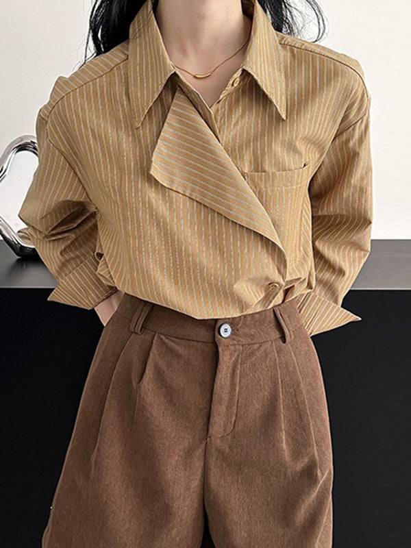 Asymmetric Split-Joint Striped Long Sleeves Loose Lapel Blouses