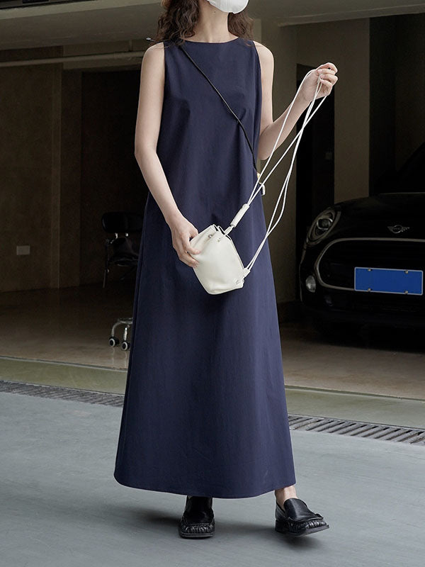 Solid Color Loose Sleeveless Round-Neck Midi Dresses
