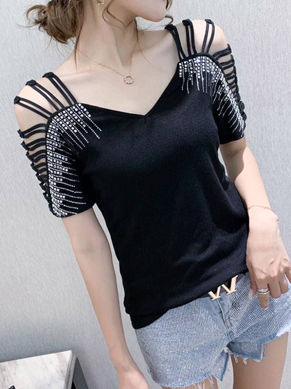 Hollow Rhine Stones Solid Color Split-Joint Loose Raglan Sleeve V-Neck T-Shirts Tops