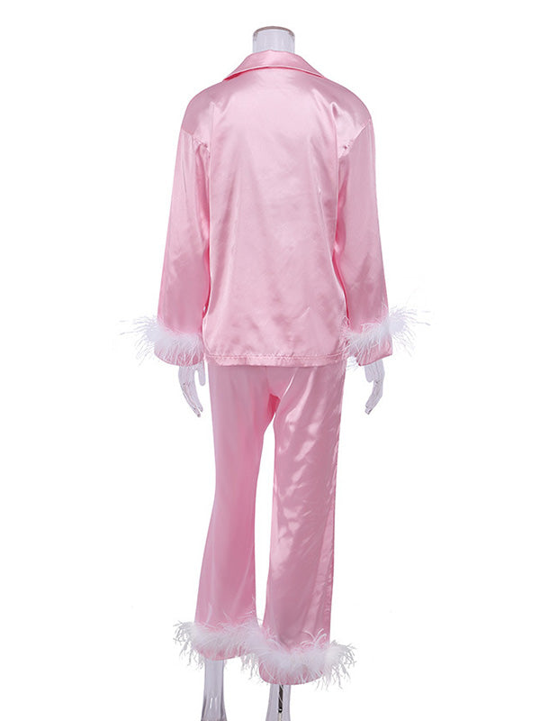Notched Collar Long Sleeves Buttoned Feathers Split-Joint Shirts Top + Pants Bottom Pajama Sets
