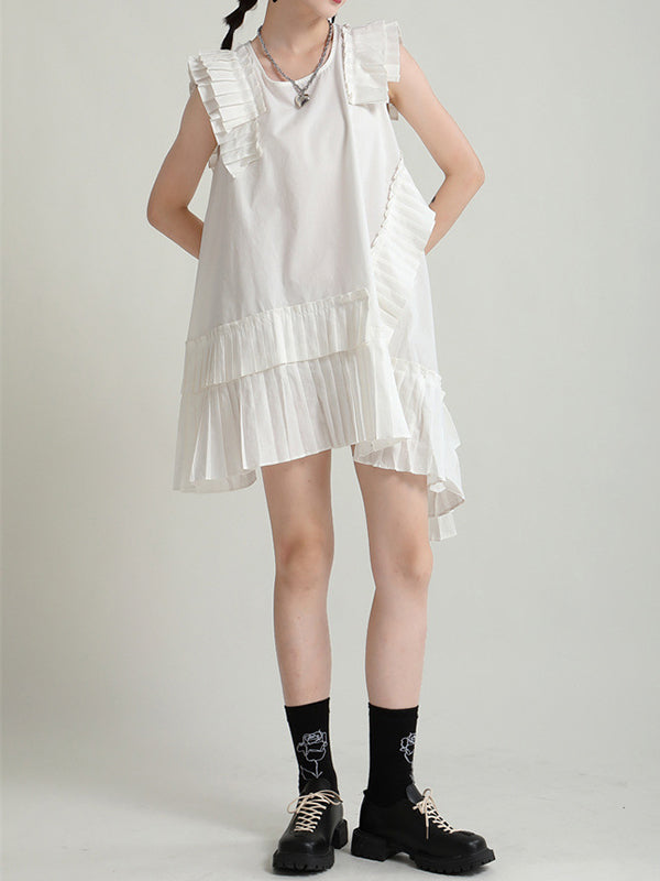 Asymmetric Pleated Solid Color Split-Joint Flying Sleeves Loose Round-Neck Midi Dresses