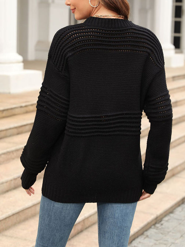 Hollow Solid Color Long Sleeves Loose Round-Neck Sweater Tops Pullovers Knitwear
