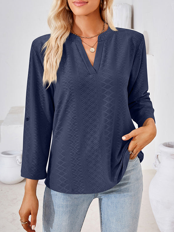 Jacquard Solid Color Loose Three-Quarter Sleeves V-Neck T-Shirts