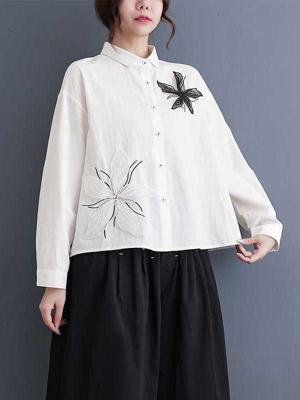 Applique Buttoned Embroidered Long Sleeves Loose Lapel Blouses&Shirts Tops