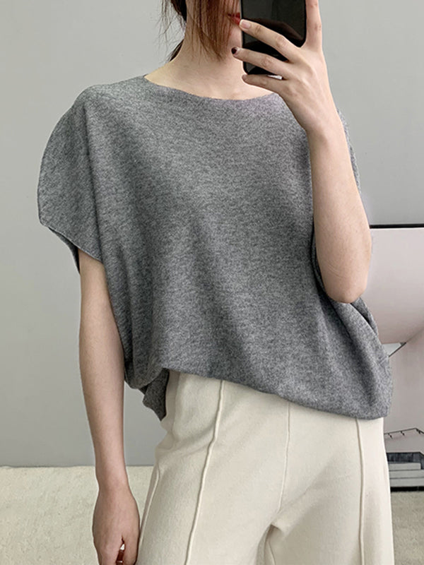Solid Color Half Sleeves Loose Off-The-Shoulder Sweater Tops Pullovers Knitwear