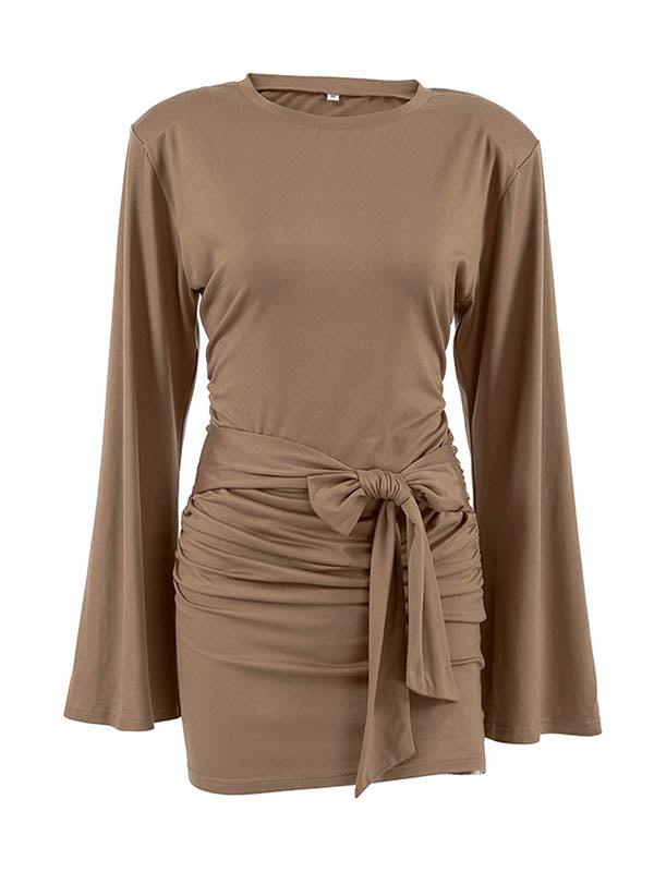 Pleated Solid Color Tied Waist Zipper A-Line Bodycon Round-Neck Mini Dresses