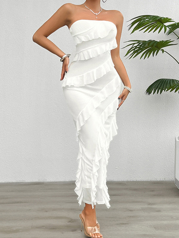 Ruffle Trim Solid Color Split-Back Split-Joint Bodycon High Waisted Tube Maxi Dresses