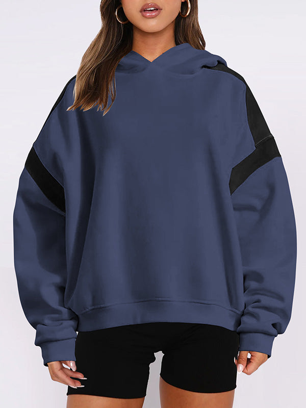 Contrast Color Pockets Split-Joint Hooded Long Sleeves Hoodies Tops
