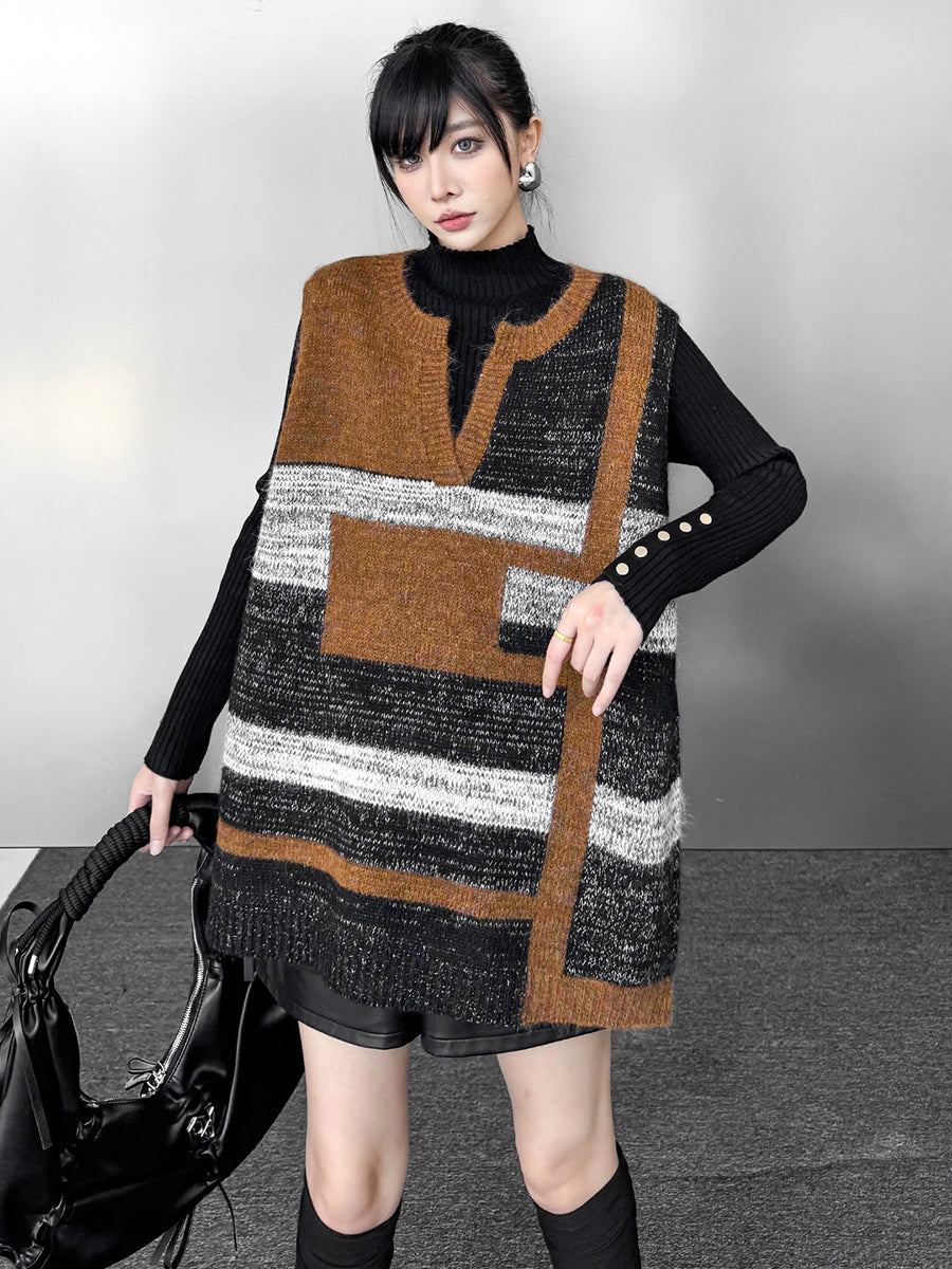 Contrast Color Geometric Split-Joint Striped Loose Sleeveless V-Neck Vest Top Outerwear