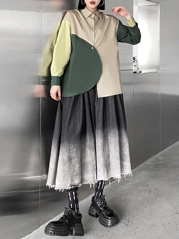Asymmetric Buttoned Contrast Color Long Sleeves Loose Lapel Blouses&Shirts Tops