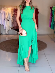 Solid Color Split-Front Skinny Sleeveless Stand Collar Maxi Dresses
