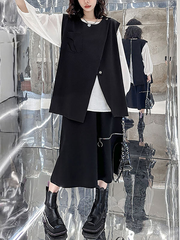Asymmetric Zipper Loose Sleeveless Round-Neck Vest Top