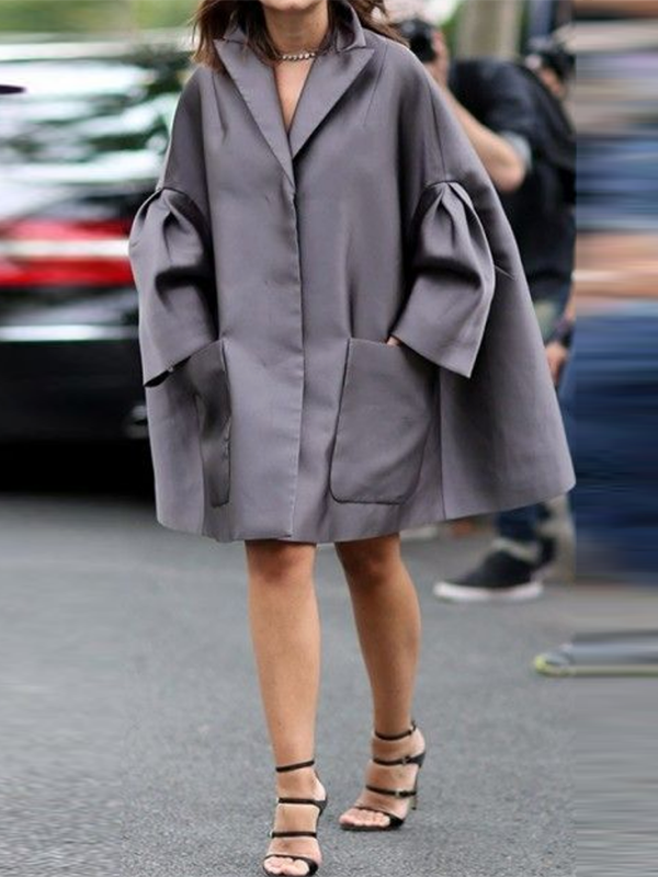 Pockets Solid Color Flared Sleeves Long Sleeves Notched Collar Shirt Dress Mini Dresses