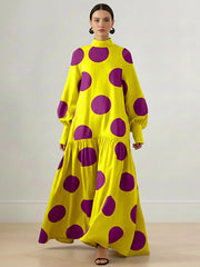 Long Sleeves Loose Big Hemline Contrast Color Pleated Polka Dot Split-Joint Half Turtleneck Maxi Dresses