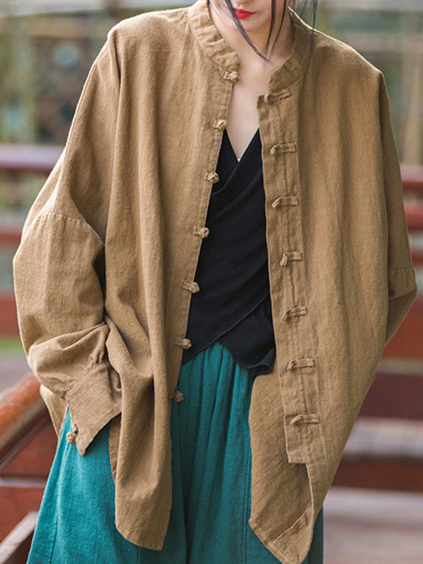 Chinese Frog Buttons Pleated Solid Color Split-Joint Batwing Sleeves Loose Stand Collar Blouses