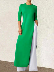 Half Sleeves Solid Color Split-Side Round-Neck T-Shirts Tops