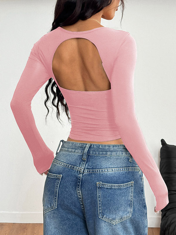 Backless Pleated Solid Color Long Sleeves Skinny Square-Neck T-Shirts Tops