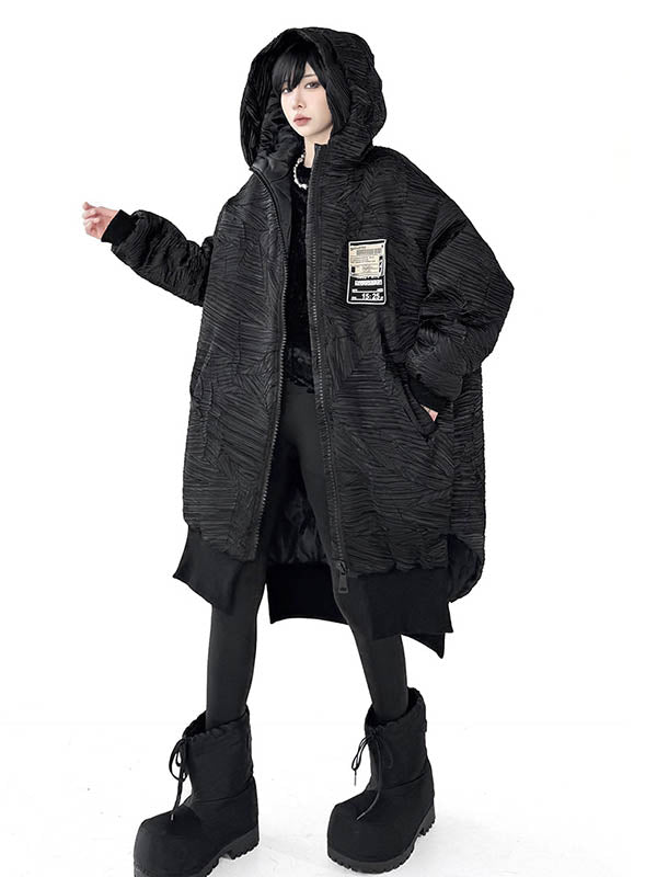 Abstract Printed Contrast Color Split-Joint Zipper High-Low Irregularity Hooded Overcoat Outerwear