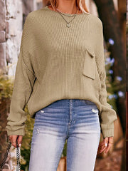 Pockets Solid Color Long Sleeves Loose Round-Neck Sweater Tops Pullovers