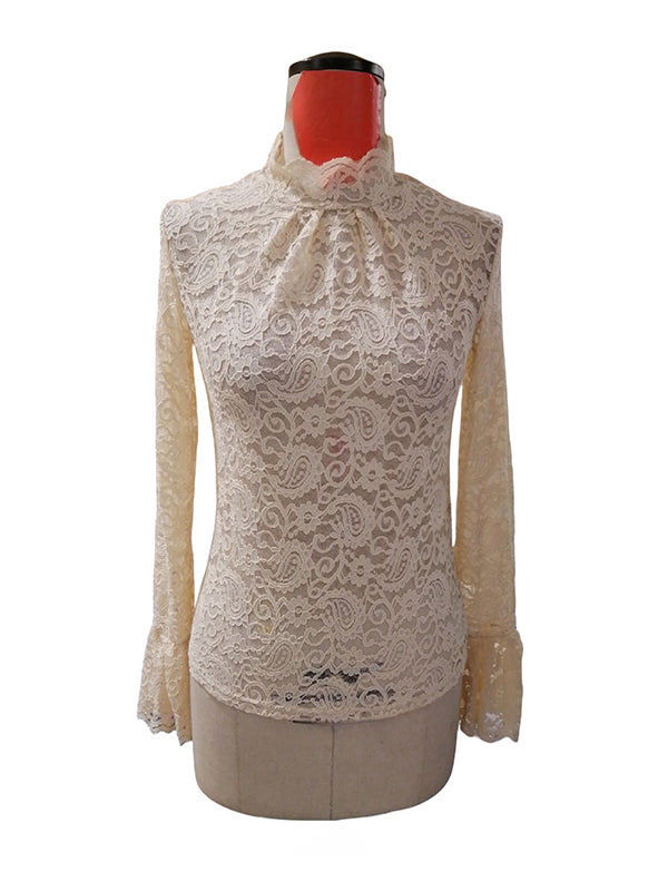 See-Through Solid Color Split-Joint Flared Sleeves Long Sleeves Mock Neck T-Shirts Tops