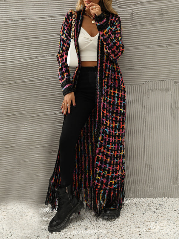 Plaid Tasseled Long Sleeves Loose Collarless Cardigan Tops