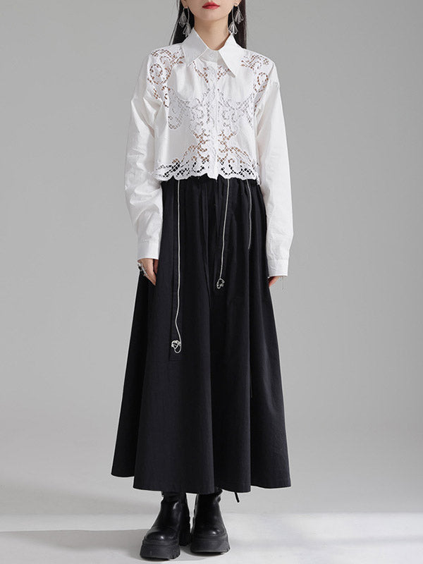 Buttoned Hollow Solid Color Long Sleeves Loose Lapel Blouses&Shirts Tops