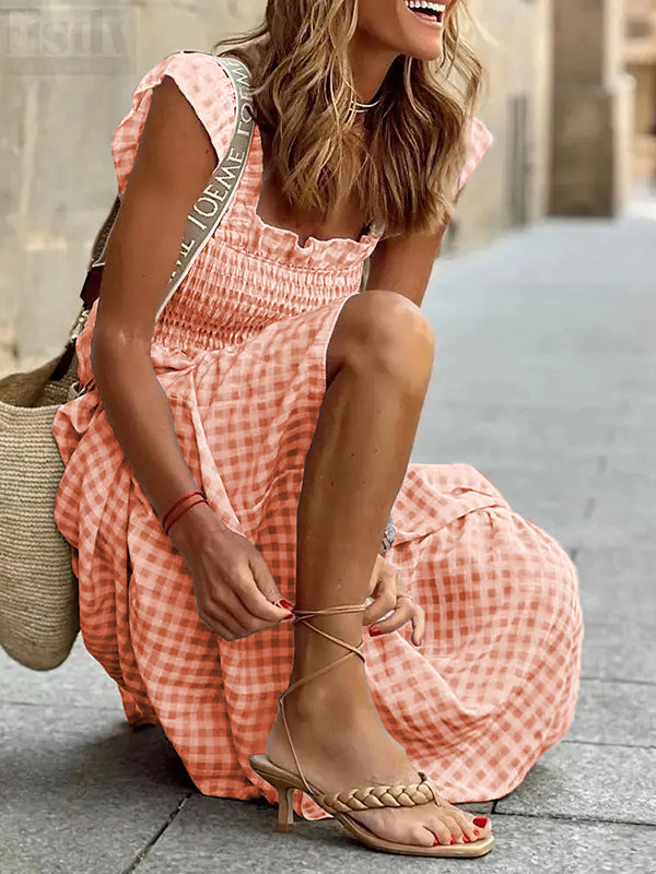 Elasticity Plaid Pleated Split-Joint Loose Sleeveless Square-Neck Maxi Dresses