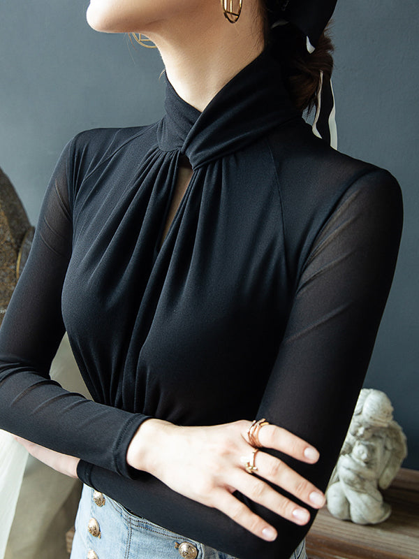 Hollow Pleated Solid Color Long Sleeves Plus Size Mock Neck T-Shirts Tops