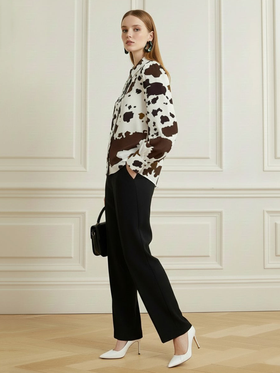 Long Sleeves Loose Buttoned Contrast Color Cow Printed Split-Joint Lapel Blouses&Shirts Tops