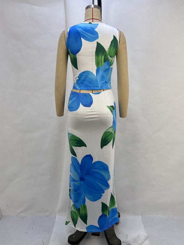 Round-Neck Sleeveless Flower Print Vest Top + Bodycon Skirts Bottom Two Pieces Set