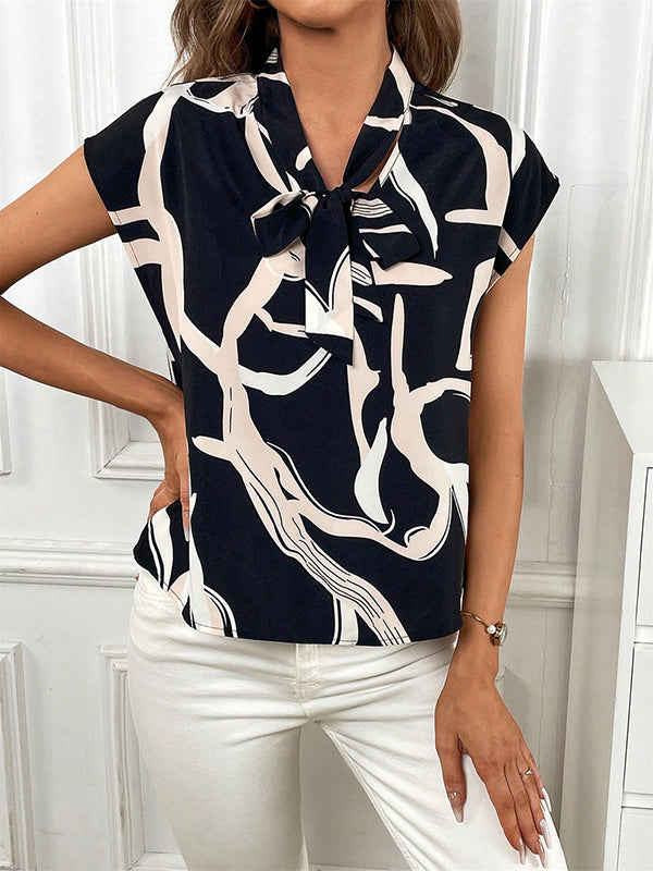 Printed Tied Batwing Sleeves Loose V-Neck Blouses&Shirts Tops