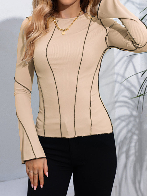 Split-Joint Flared Sleeves Long Sleeves Round-Neck T-Shirts Tops