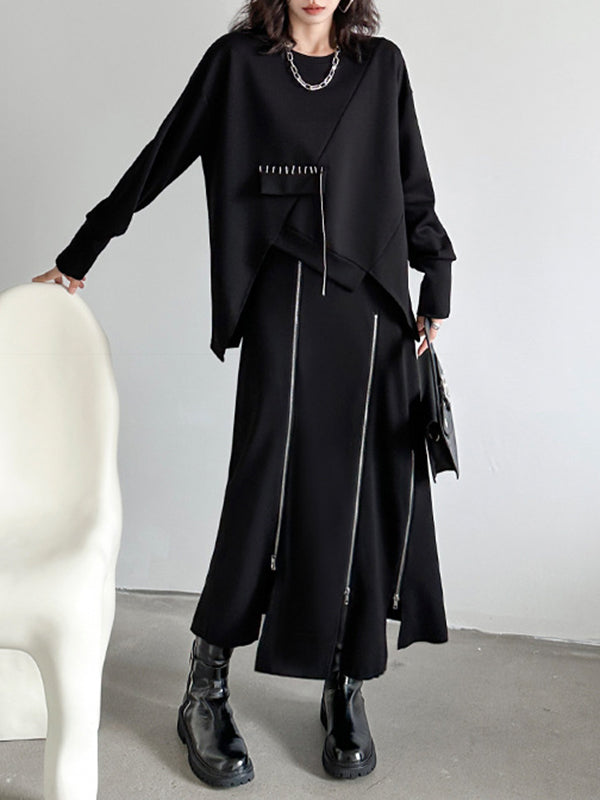 Asymmetric Long Sleeves Loose Round-Neck Sweatshirt Tops