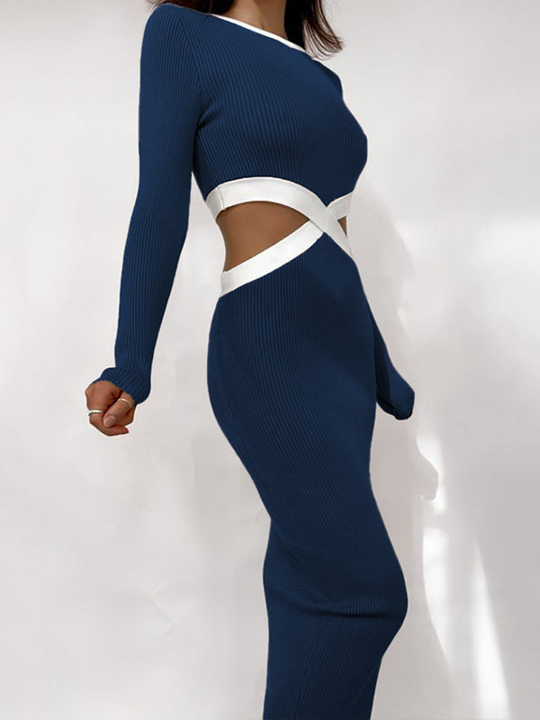 Hollow High Waisted Long Sleeves Round-Neck Midi Dresses